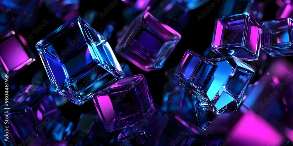 3D render, abstract geometric background with blue and purple glass squares cube 3D render, abstract geometric background with blue and purple glass squares cube