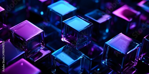 3D render, abstract geometric background with blue and purple glass squares cube