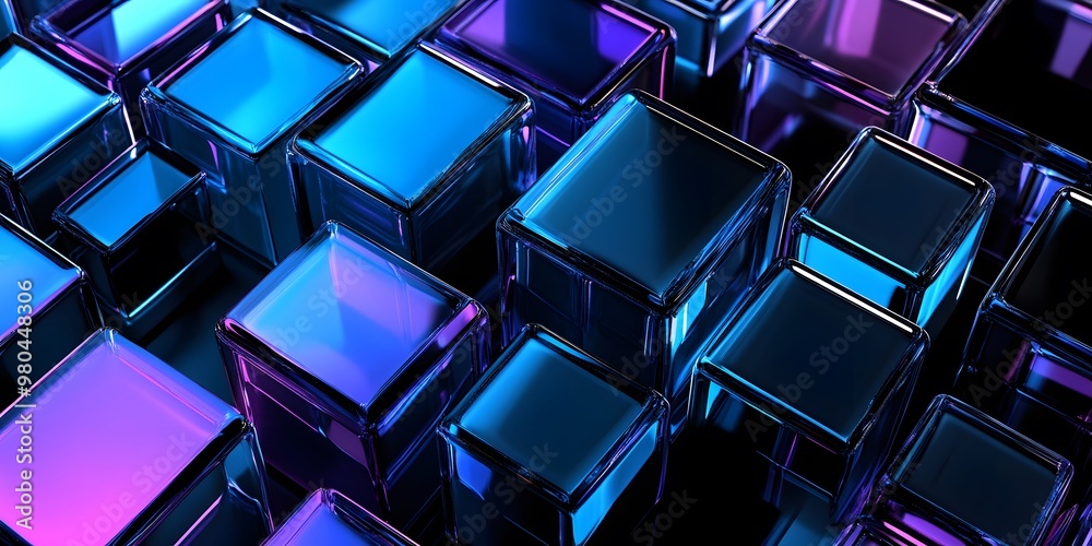 3D render, abstract geometric background with blue and purple glass squares cube 3D render, abstract geometric background with blue and purple glass squares cube