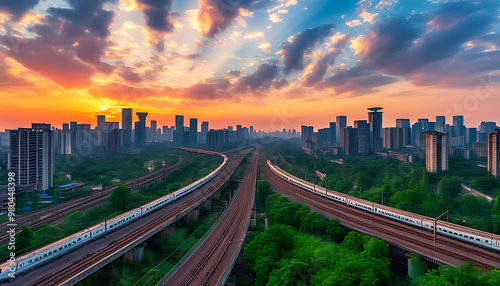 Chengdu cityscape and intercity train: a blend of prosperity and stunning skyline photo