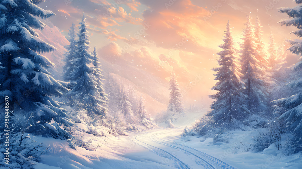 Obraz premium Illustration of a winter landscape covered in snow with glowing light
