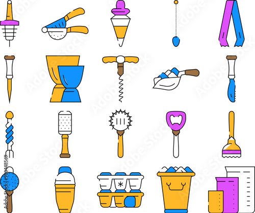 Bartender Accessory Collection Icons Set Vector. Bar Spoon And Grater, Juicer And Ice Breaker, Cocktail Shaker And Jiggers Bartender Tools color Contour Illustrations