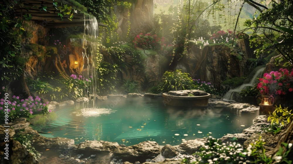 Fototapeta premium Enchanting hot spring pools surrounded by rocks and ivy with a gentle waterfall in a hidden paradise