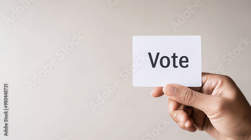 A close-up of a hand firmly holding a voting card, with the word "Vote" boldly displayed in large letters. The card is held against a neutral background, symbolizing voter empowerment and civic