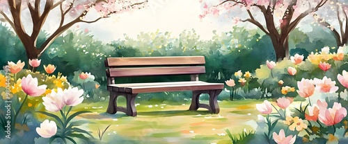 A wooden bench sits in the middle of a lush garden, surrounded by blooming flowers and a gentle breeze blowing through the trees.