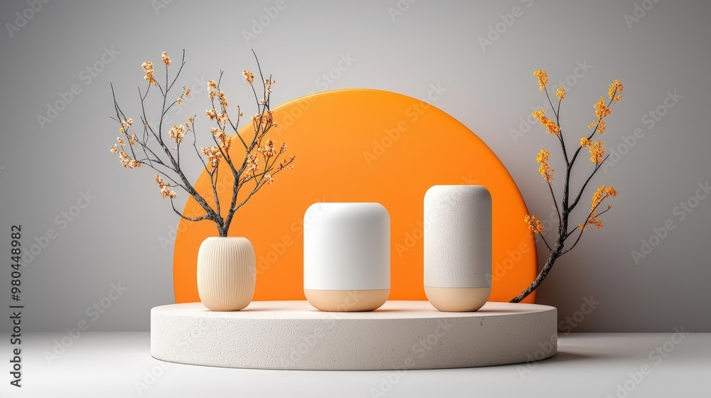Stylish ceramic vases with branches set against a minimalist orange backdrop, creating a warm and inviting atmosphere. Stylish ceramic vases with branches set against a minimalist orange backdrop, creating a warm and inviting atmosphere.