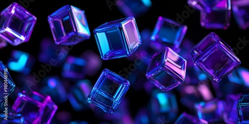 3D render, abstract geometric background with blue and purple glass squares cube