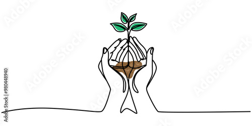 Continuous one line growing sprout in the hands of man, Eco concept, Man holding plants, continuous line of man holding green plant in hand vector illustration, Hand held seedlings, Farmers plant tree