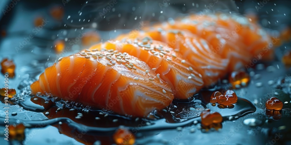 Sashimi aesthetic featuring beautifully sliced salmon fillets on a dark plate Sashimi aesthetic featuring beautifully sliced salmon fillets on a dark plate