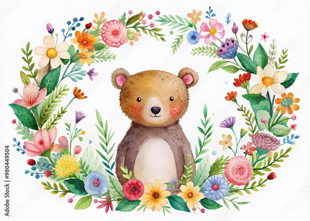 Fototapeta premium Delicate hand-painted watercolor floral wreath featuring a woodland bear surrounded by colorful drawn flowers, ideal for a whimsical children's birthday invitation or card.