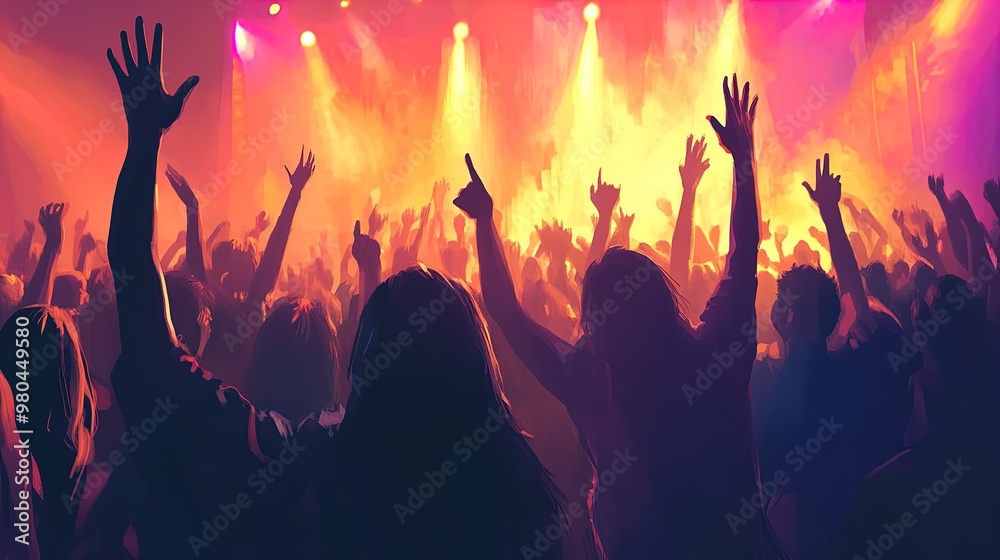 Vibrant Music Festival Vibes: Capturing Enthusiastic Fans Dancing with Hands in the Air – Perfect for Your Sporty Interior Poster! Vibrant Music Festival Vibes: Capturing Enthusiastic Fans Dancing with Hands in the Air – Perfect for Your Sporty Interior Poster!