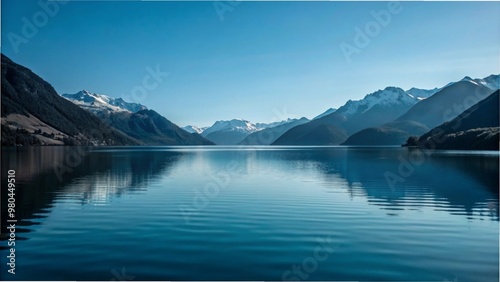 A serene lake nestled between majestic mountains with snow-capped peaks reflecting in the calm water