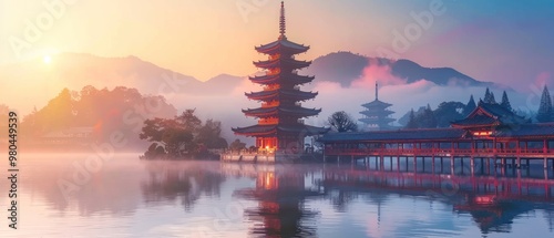 Serene sunrise over traditional pagodas reflecting in calm waters