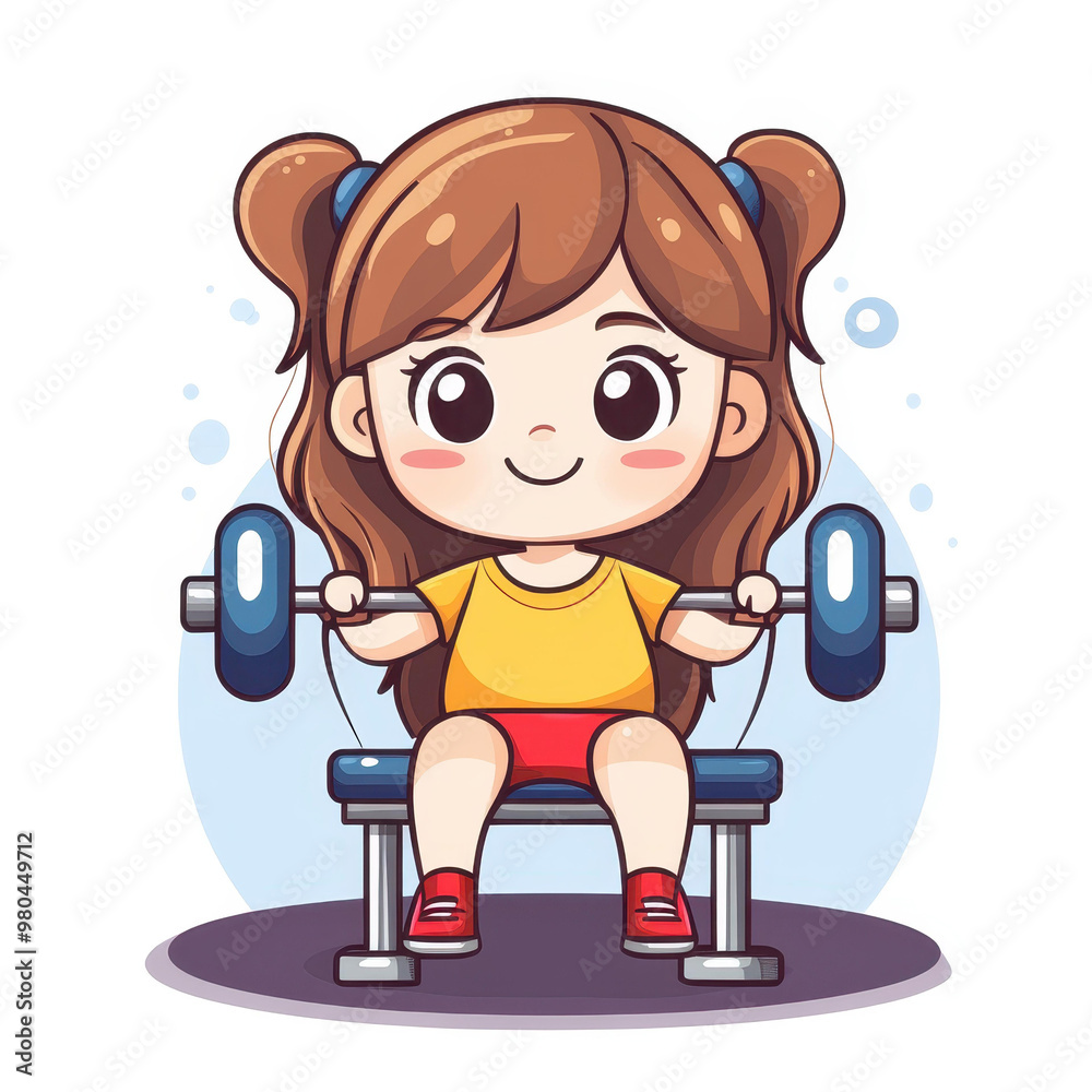 A cute cartoon girl smiles while working out in the gym, showcasing her joyful spirit with vibrant colors and chibi style. A cute cartoon girl smiles while working out in the gym, showcasing her joyful spirit with vibrant colors and chibi style.
