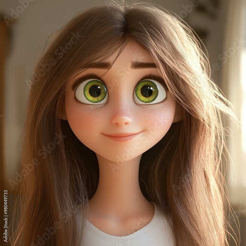 A charming animated character with long brown hair and green eyes, dressed in a simple white top, radiating warmth and friendliness.