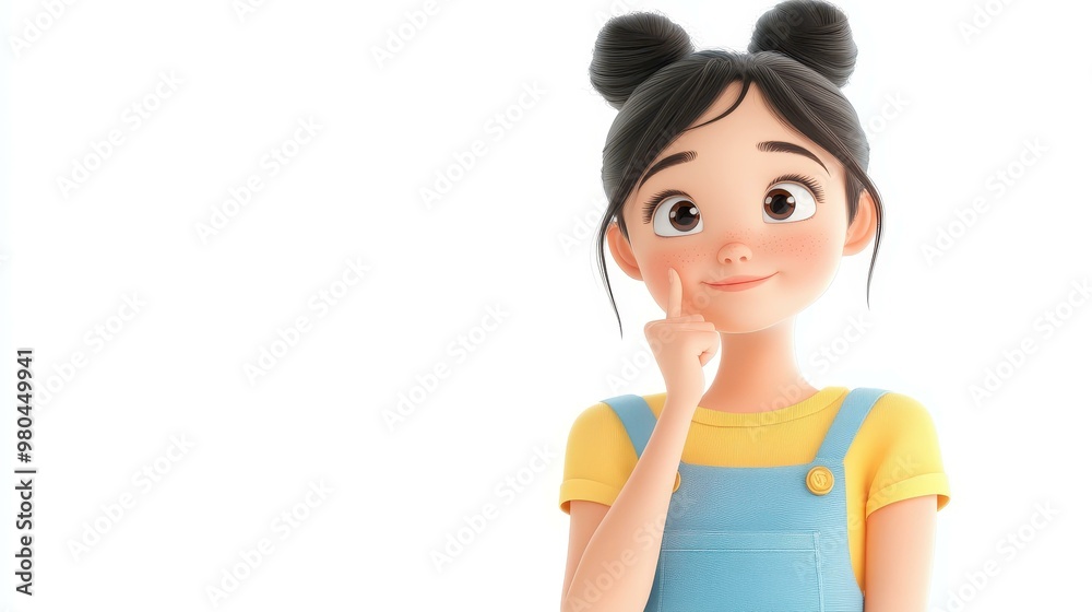 Charming young girl in stylish blue overalls and yellow tee thoughtfully ponders her next big decision, showcased in 3D art. Charming young girl in stylish blue overalls and yellow tee thoughtfully ponders her next big decision, showcased in 3D art.