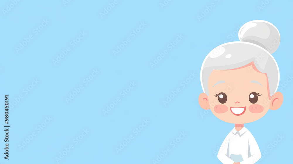 An elderly woman gazes warmly at the viewer, set against a serene light indigo backdrop in a flat illustration. An elderly woman gazes warmly at the viewer, set against a serene light indigo backdrop in a flat illustration.