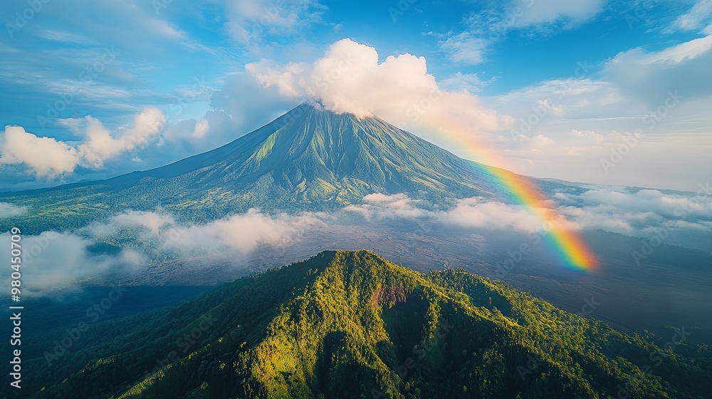 Fototapeta premium Majestic Volcano Peak with Rainbow and Clouds