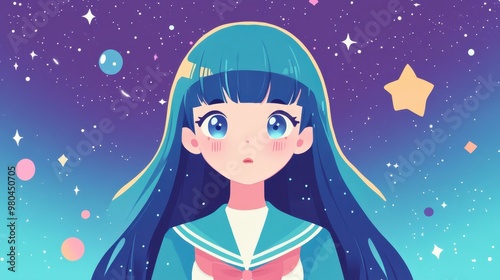 A charming virtual idol with a futuristic vibe, sporting a unique animestyle that captivates viewers in a modern world. photo