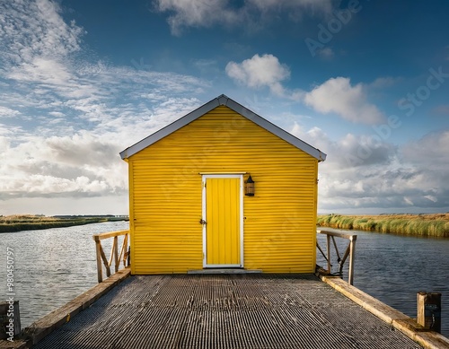 A yellow cabin on a dock, blending dreamy surrealism, Suffolk coast views, and Bauhaus style. photo