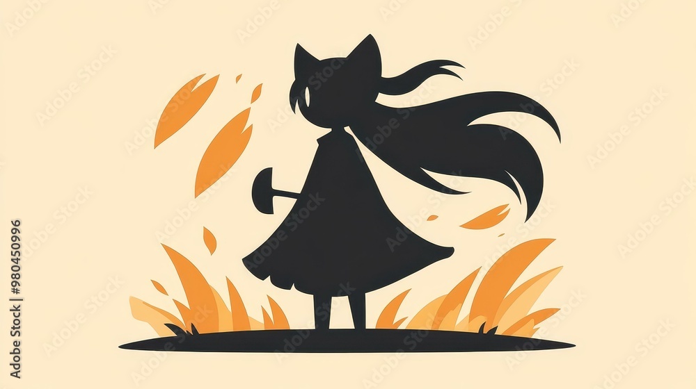 Φωτογραφία A striking silhouette of a warrior girl with hornlike tails and a giant cleaver sword, cloaked and defiant in the wind