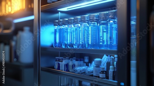 Futuristic Medicine Cabinet Poster: Showcasing Bright Blue Transparent Capsules & Diagnostic Tools, Perfect for Elevating Your Sports Interior with a High-Tech Flair!