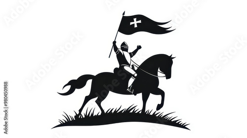 A bold knight on horseback, clad in plate armor, waves a flag triumphantly, captured in striking black vector art. photo