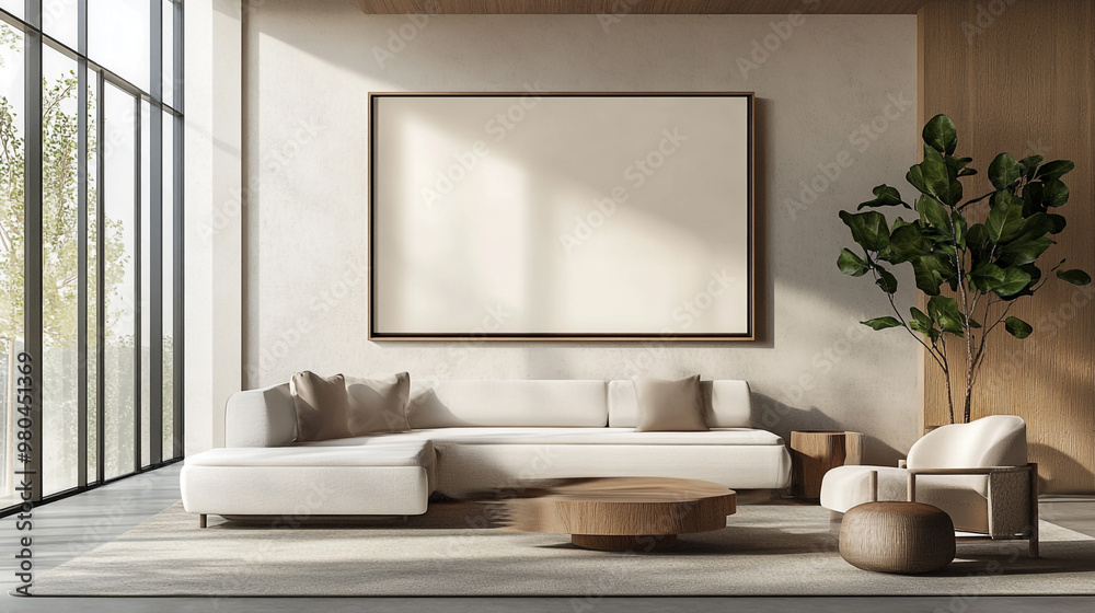 Living room - on the wall an empty picture frame - mockup, 3D living room and sofa with blank photo frame. Living room - on the wall an empty picture frame - mockup, 3D living room and sofa with blank photo frame.