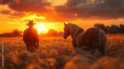 Cowboy and Horse at Sunset in a Field of Wheat