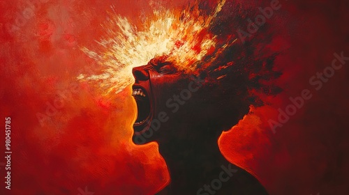 Dynamic Human Silhouette in Scream: Fiery Color Eruption on Crimson Background - Perfect as a Striking Poster for Sports Interiors or Modern Art Spaces