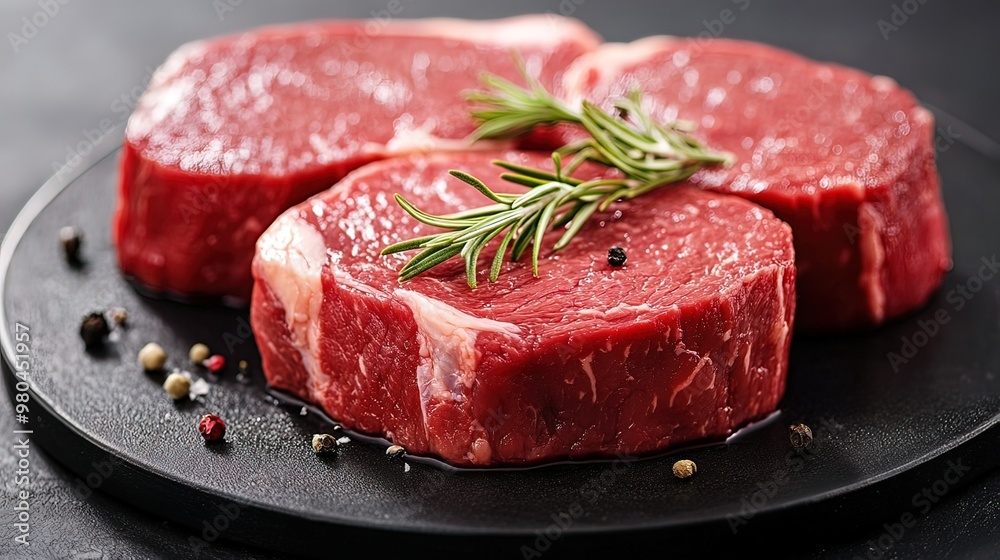 Raw Beef Steaks on a Black Plate
