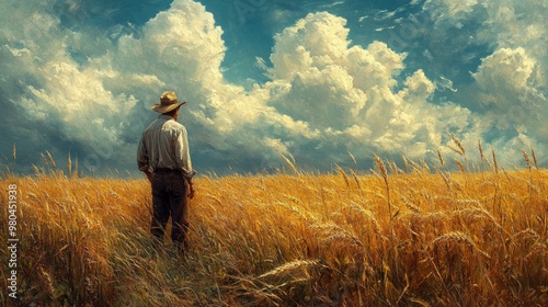 Farmer Contemplating the Harvest Under a Dramatic Sky