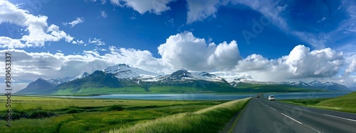 panoramic green view landscape with blue sea beside highways. Copy space. photo