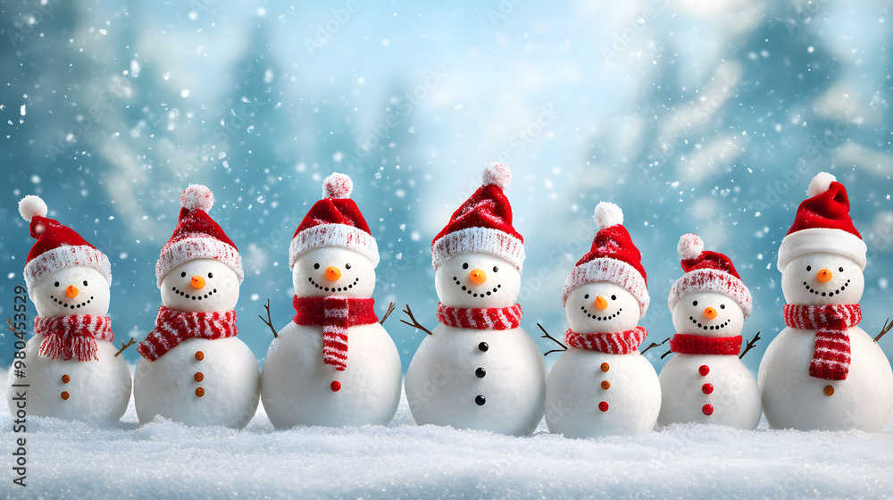 Merry Christmas and happy New Year greeting card with copy-space.Many snowmen standing in winter Christmas landscape.Winter background Merry Christmas and happy New Year greeting card with copy-space.Many snowmen standing in winter Christmas landscape.Winter background