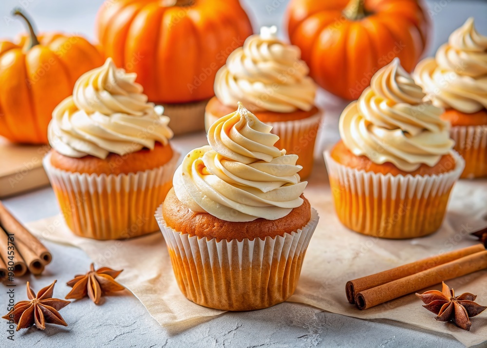 Vibrant orange pumpkin cupcakes adorn a crisp white table, topped with swirls of creamy frosting and sprinkled with warm cinnamon, evoking autumnal warmth and comfort.