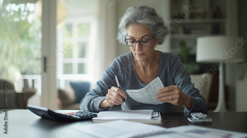 senior woman sitting in her living room with reading glasses on, holding a pen and looking at a bill while a notebook and calculator lie on the table next to her. The scene should