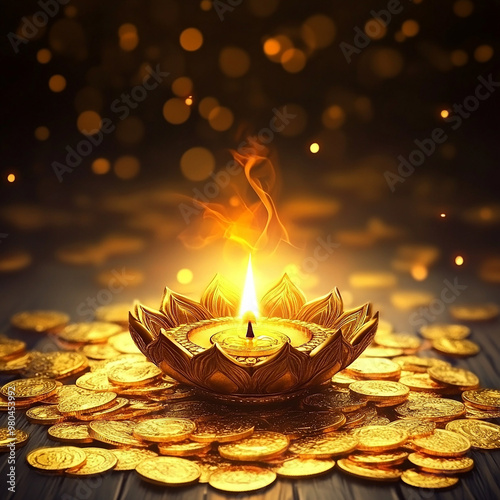 Happy dhanteras hindu festival background with gold coin and diya