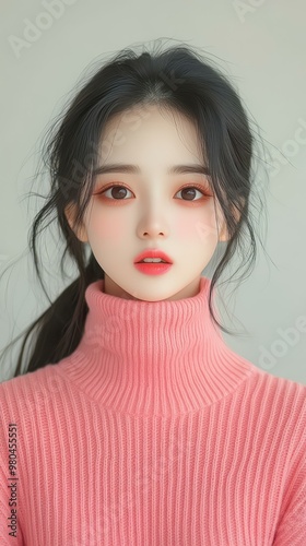 A Korean girl in a pink turtleneck sweater showcases delicate shading and exaggerated features, blending dark gray and light amber.