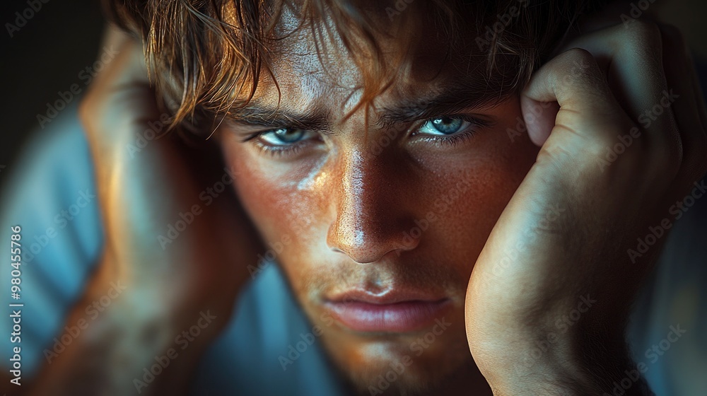 Closeup Portrait of a Young Man with Intense Blue Eyes Closeup Portrait of a Young Man with Intense Blue Eyes
