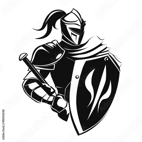 A stylized black-and-white knight holding a sword and shield.