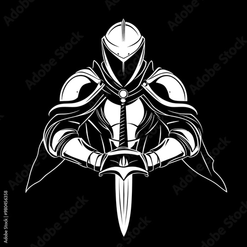 A stylized knight in armor, seated with a sword and cape.