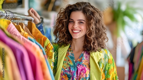 Smiling Woman Shopping for Colorful Clothing in Store