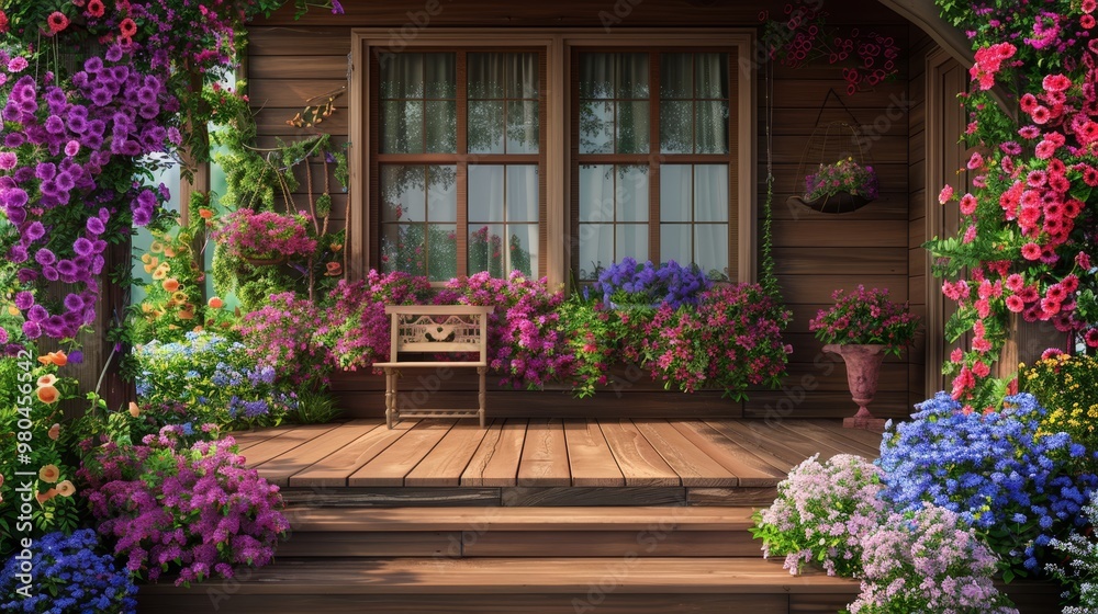 Charming wooden porch with vibrant spring flowers and cozy bench, creating an inviting atmosphere Charming wooden porch with vibrant spring flowers and cozy bench, creating an inviting atmosphere