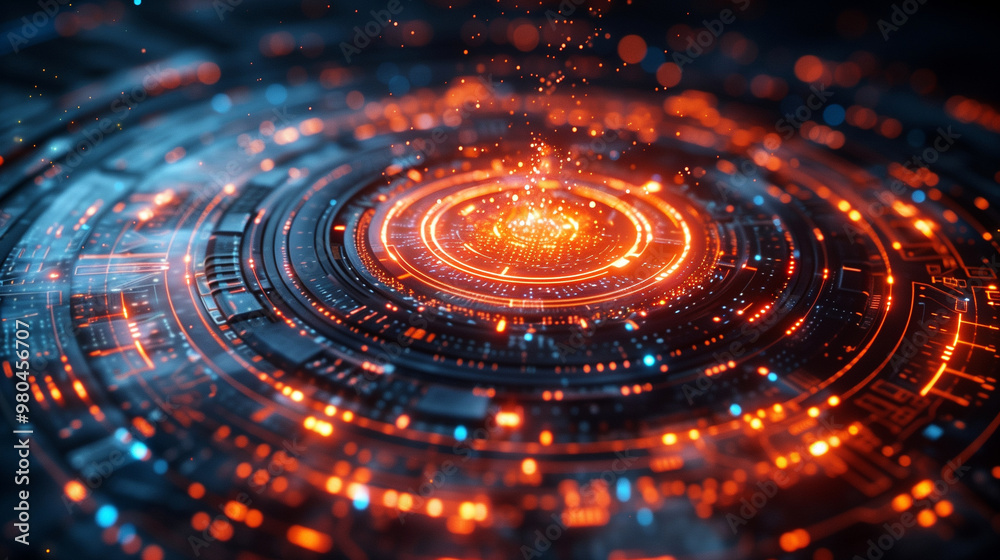 Render a surreal landscape of floating circuits and microchips, surrounded by ethereal light effects and abstract patterns.