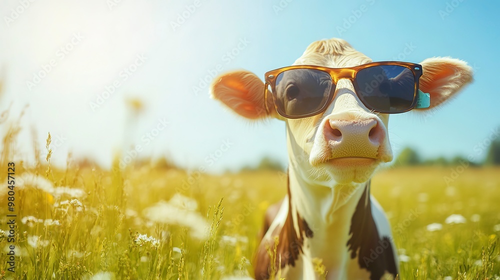A cow wearing sunglasses in a sunny meadow, exuding a cool and relaxed vibe. A cow wearing sunglasses in a sunny meadow, exuding a cool and relaxed vibe.