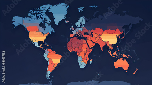 Digital map of the world with hot zones representing climate change impact on different regions. photo