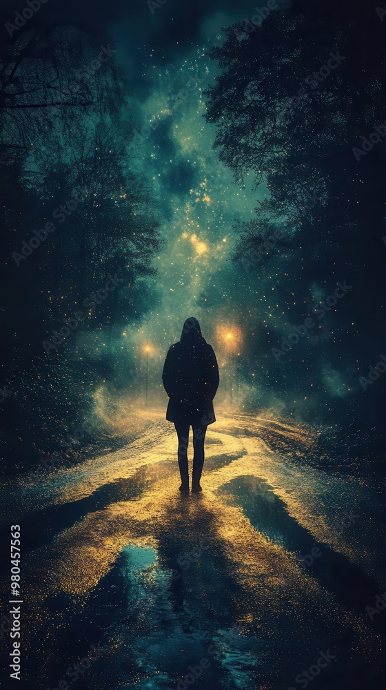 silhouette of person standing at crossroads in misty moonlit landscape multiple shadowy paths leading to unknown destinations silhouette of person standing at crossroads in misty moonlit landscape multiple shadowy paths leading to unknown destinations
