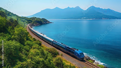 Blue Train Traveling Along Coastal Mountain Range photo