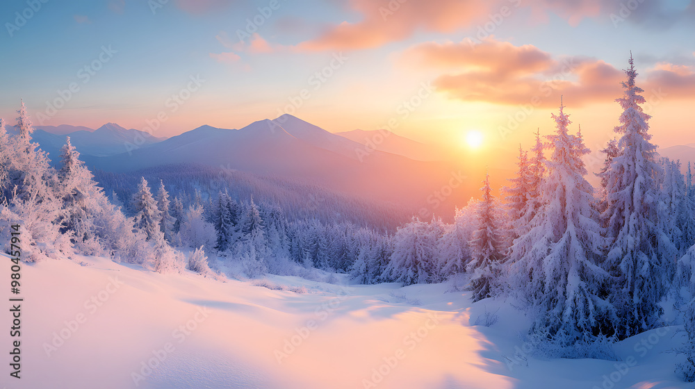 Panorama of winter nature landscape at sunrise. Christmas background Panorama of winter nature landscape at sunrise. Christmas background
