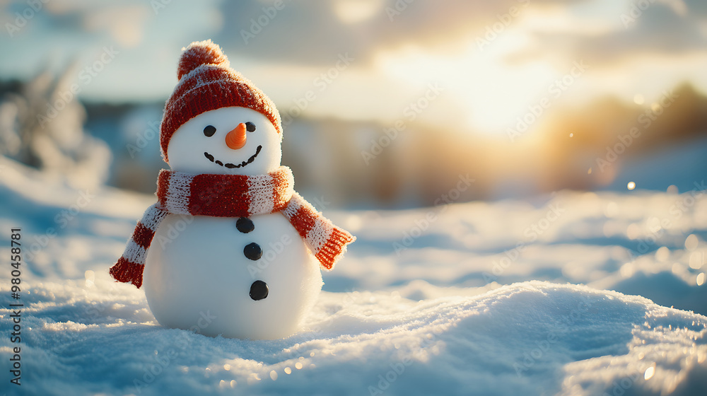 Obraz premium Panoramic view of happy snowman in winter secenery with copy space